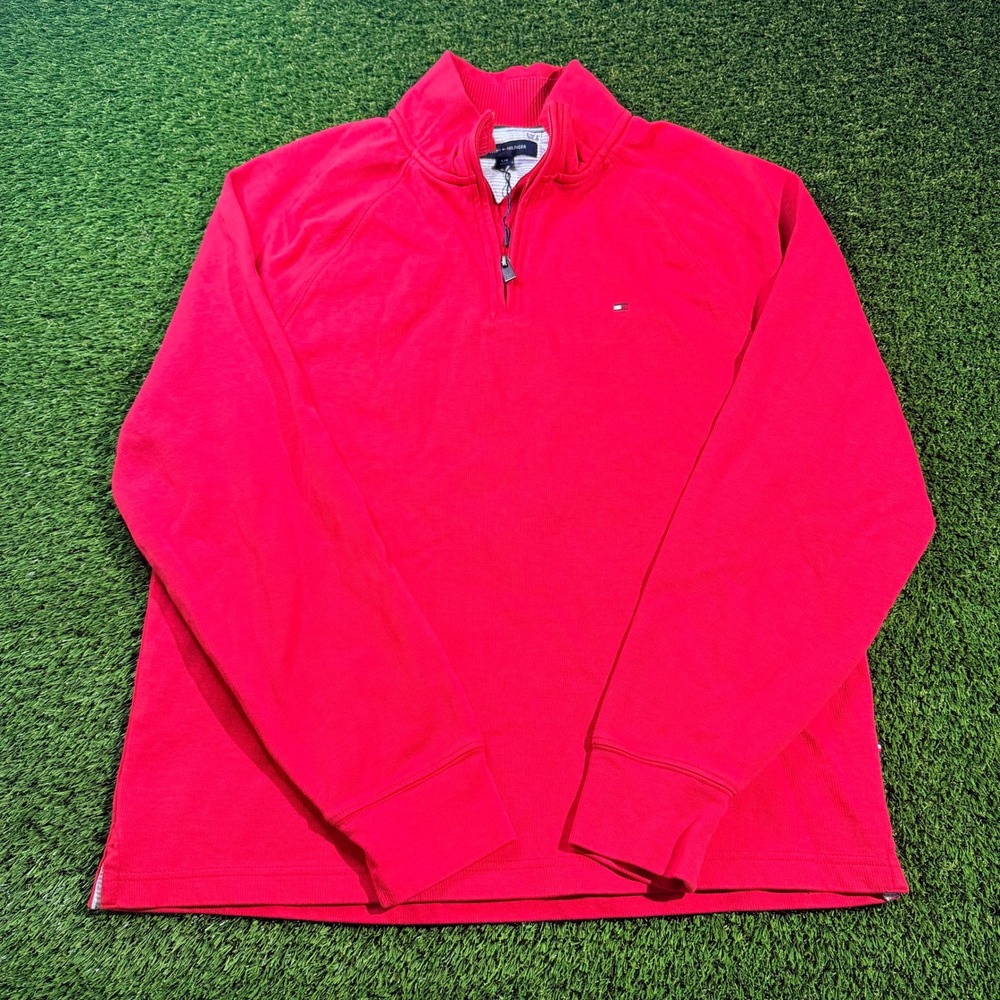 Tommy Hilfiger Mens Red Quarter Zip Pullover Sweater Large Mock Neck Logo